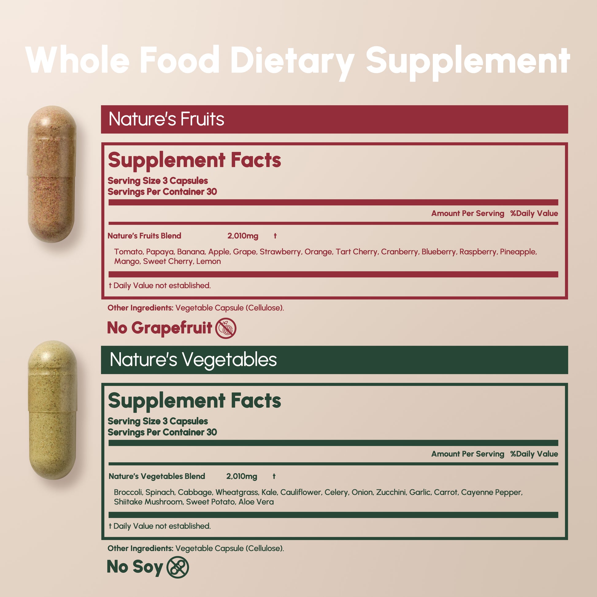 Equal Supplements supplement facts for daily fruit and vegetable capsules with fresh produce – natural whole food supplement, Balance of Nature alternative for health