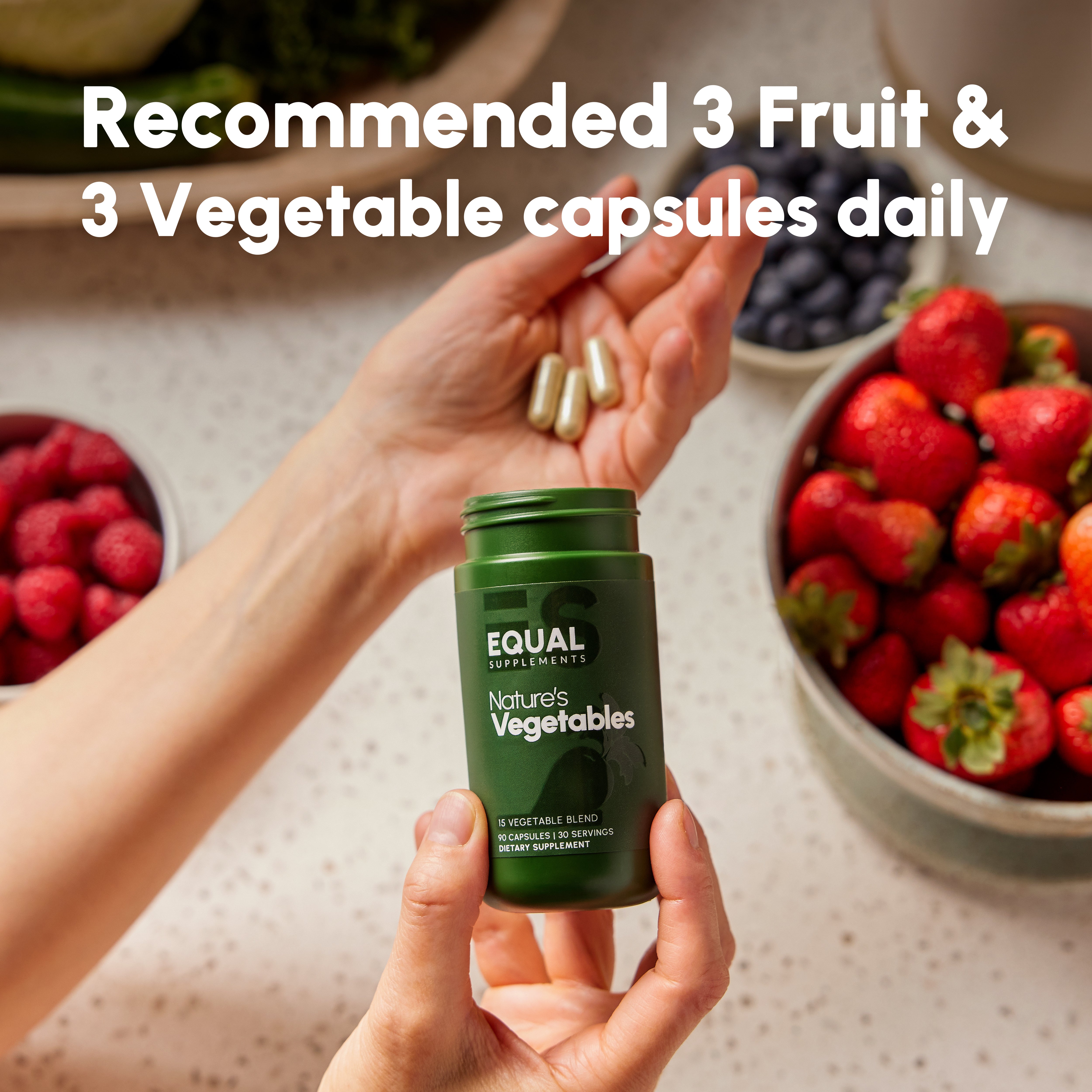 Recommended daily fruit and vegetable servings in capsule form – Equal Supplements, Balance of Nature competitor, convenient plant-based nutrition