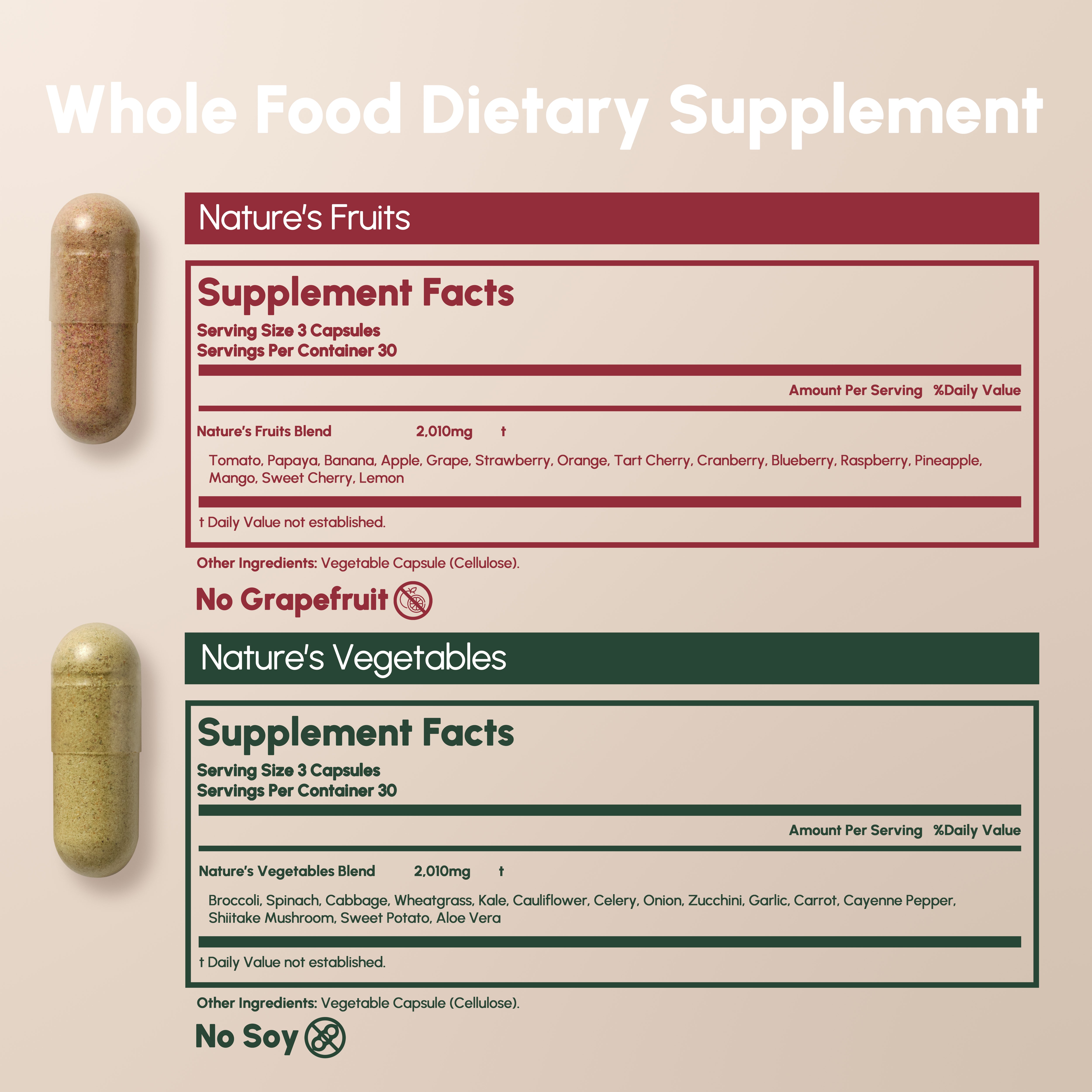 Equal Supplements supplement facts for daily fruit and vegetable capsules with fresh produce – natural whole food supplement, Balance of Nature alternative for health
